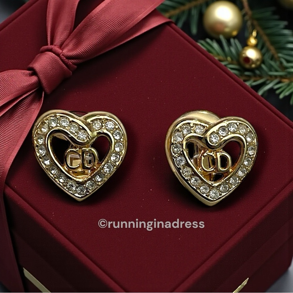 Vintage Christian Dior Gold CD Heart Crystal Earrings With Original Packaging - Picture 8 of 13